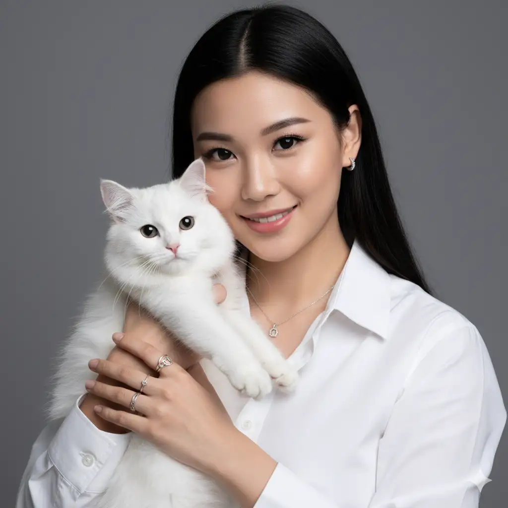 Retrato profesional de alta resolución de "una" atractiva "joven" de llamativos ojos negro, sosteniendo un "gato blanco" y esponjoso de brillantes ojos oscuros. "La" joven luce una cálida sonrisa y viste una "camisa blanca, anillos de plata y un colgante". La iluminación es suave y de calidad de estudio, creando una atmósfera íntima y apacible con poca profundidad de campo. El fondo es gris suave, lo que permite que los sujetos destaquen. La foto tiene el estilo de una sesión de fotos de moda o estilo de vida, con un 100 % de coincidencia de rostros.
