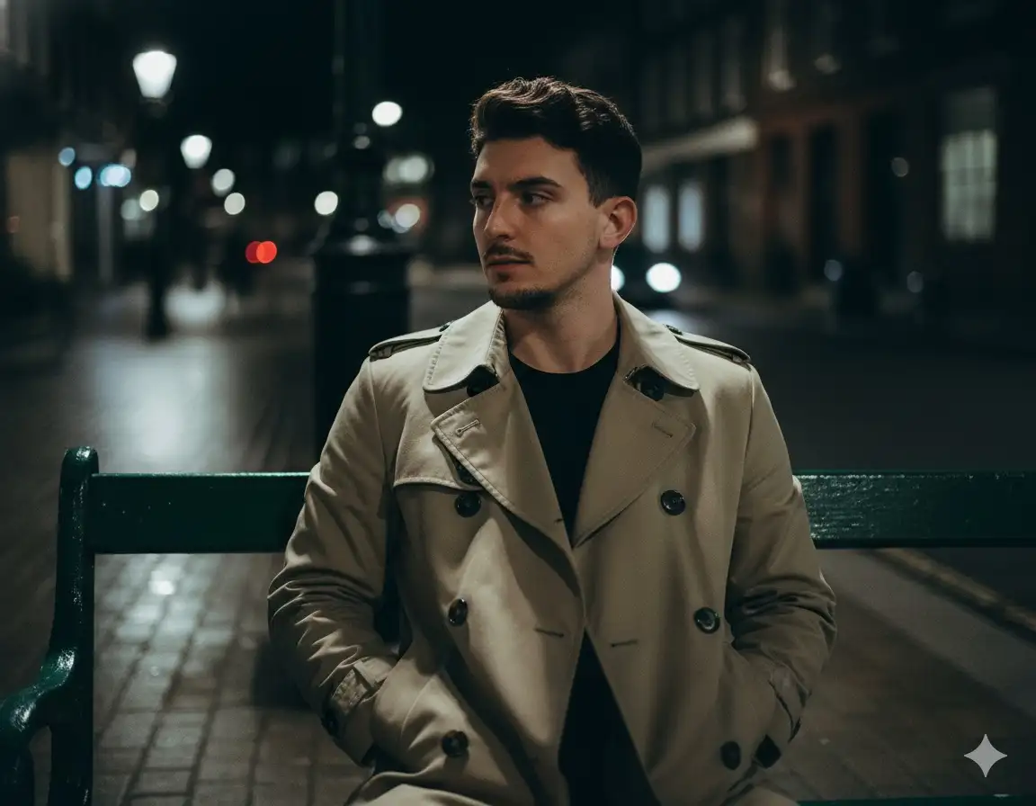 A candid street photography photograph of a person in a quiet city (London) at night, captured spontaneously. Using the reference image as a STRICT AND NON-NEGOTIABLE source, preserve the EXACT likeness, facial structure, body proportions, and natural hair of the person.
The person is sitting on a cold, green painted metal park bench, resting their back against it. They are gazing into the middle distance, lost in the quiet of the night. They wear a beige trench coat over a simple black t-shirt, with their hands tucked in the coat's pockets. The composition is a tight medium shot, focusing on their face and upper body.
The scene is illuminated by the neutral white glow of a nearby vintage streetlamp, casting soft light and deep shadows. The wet pavement creates subtle light reflections. The background is softly blurred.
street photography, night scene, 35mm film, candid moment, natural skin texture, skin pores, subtle film grain, photorealistic, shot on Leica M6, available light, minor imperfections --ar 2:3