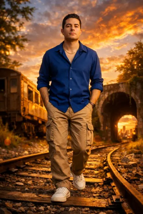 CON MI IMAGEN CREA UNA IMAGEN CINEMÁTICA DE 8K, GRAN ANGULAR Y CONTRAANGULAR, DE UN HOMBRE (CON LA MISMA CARA) CAMINANDO POR UNA VÍA DE TREN ABANDONADA DURANTE LA HORA DORADA. LLEVA UNA CAMISA AZUL REINA DE CUELLO ABIERTO Y EXTENSIVA, PANTALONES CARGO BEIGE, ZAPATILLAS BAJAS Y UNA CADENA DORADA. LLEVA UN ESTILO RELAJADO Y ELEGANTE. CAMINA CON LAS MANOS EN LOS BOLSILLOS, CON UN FONDO CON EFECTO BOKEH, UN TÚNEL ABANDONADO, UN VAGÓN DE TREN, ÁRBOLES Y UN CIELO IMPRESIONANTE. EL HORIZONTE URBANO LEJANO CONTRIBUYE A... FORMATO 9:16