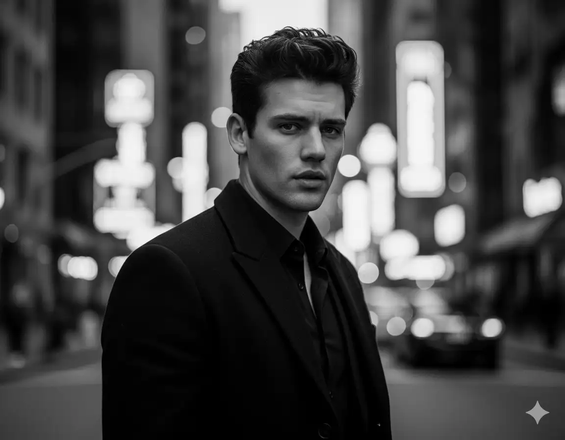 Edit this image to show a handsome man standing in sharp focus against a beautifully blurred urban backdrop. He's positioned in the center-lower portion of the frame, gazing directly at the camera with an intense, confident expression. His body is angled slightly to the side while his face turns toward the viewer. He has textured, wavy dark hair styled upward with volume,  and strong facial features. He's wearing a sophisticated all-black ensemble: a sleek black overcoat layered over a black collared shirt or turtleneck. The background features bokeh city lights with glowing neon signs and urban architecture creating dreamy circular light halos. Shot in cinematic black and white with dramatic contrast, shallow depth of field (f/1.4-2.0), professional street photography style. The mood is moody, mysterious, and fashion-forward with film noir aesthetics. High-end editorial quality.