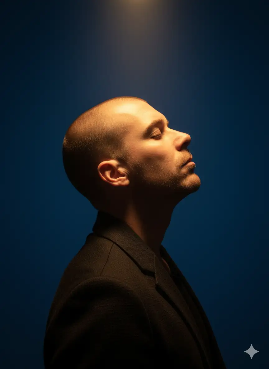 Un espectacular retrato de estudio de la persona a partir de la imagen proporcionada que conserva los rasgos faciales, las proporciones y la textura de la piel exactos del sujeto. Capturado de perfil lateral sobre un fondo azul profundo. El sujeto está vestido con una elegante chaqueta informal negra, con la cabeza inclinada hacia arriba y los ojos cerrados, bañado por un cálido foco dorado que brilla desde arriba. El contraste entre el fondo azul frío y la suave luz ámbar crea un poderoso efecto de doble tono, que acentúa los contornos del rostro del sujeto y las líneas nítidas de la chaqueta. Su postura exuda tranquila confianza y silenciosa introspección, como si estuvieran inmersos en un momento de serenidad. El diseño de iluminación enfatiza una atmósfera cinematográfica: minimalista, llamativa y artística, con una sensación surrealista de estar iluminado por una fuente divina o etérea. El ambiente es elegante, moderno y contemplativo, combinando retratos de moda con un estilo editorial de alto concepto. Renderice en resolución ultra alta.