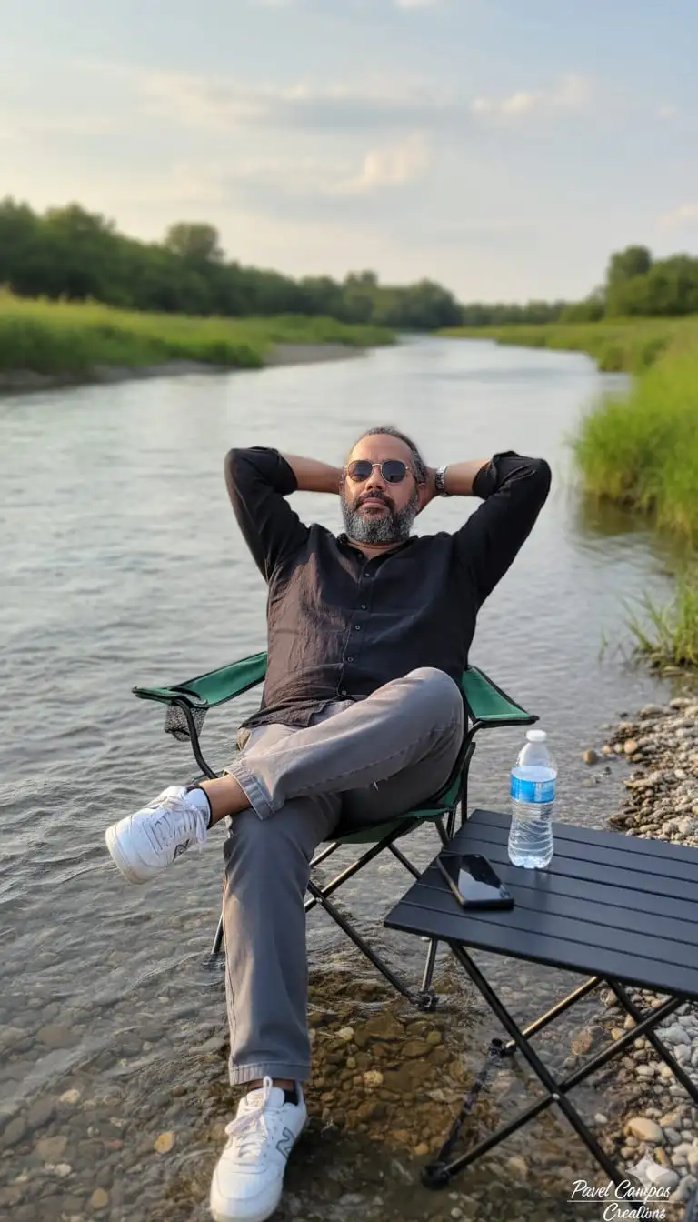 Foto ultrarrealista de un hombre (mismo rostro y peinado que la referencia) con gafas de sol, relajándose en una silla de camping junto a la orilla de un río.
Tiene las manos detrás de la cabeza y las piernas cruzadas. Viste una camisa de lino negra de manga larga, pantalones grises y medias zapatillas New Balance blancas. Lleva un reloj de cadena plateado. Frente a él, una mesa de camping plegable negra contiene agua embotellada.
