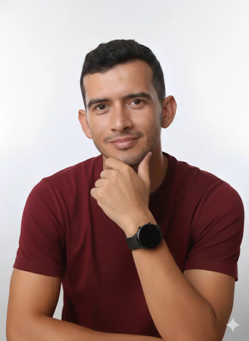 Con esta imagen genera un retrato de estudio, el hombre tiene unos 30 años, de origen latinoamericano, mirando directamente a la cámara con una expresión pensativa pero amigable. Lleva una camiseta de manga corta de color rojo oscuro. Su mano derecha está apoyada en su barbilla, con un reloj inteligente de color negro y con el codo apoyado en algo fuera de cámara. Tiene el pelo oscuro y corto. El fondo es un degradado suave de blanco a gris claro, con una iluminación suave y difusa que resalta su rostro. El encuadre es de medio cuerpo superior, centrado en el rostro y la parte superior del torso. Estilo fotográfico limpio y moderno.