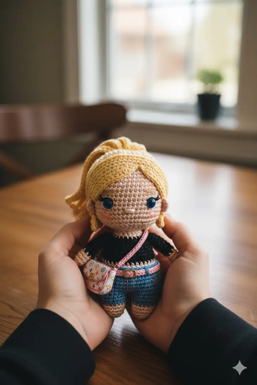 A close-up, professionally composed photograph showcasing a hand-crocheted yarn doll gently cradled by two hands. The doll has a rounded shape, featuring the cute chibi image of the [upload image] character, with vivid contrasting colors and rich details. The hands holding the doll are natural and gentle, with clearly visible finger postures, and natural skin texture and light/shadow transitions, conveying a warm and realistic touch. The background is slightly blurred, depicting an indoor environment with a warm wooden tabletop and natural light streaming in from a window, creating a comfortable and intimate atmosphere. The overall image conveys a sense of exquisite craftsmanship and cherished warmth.