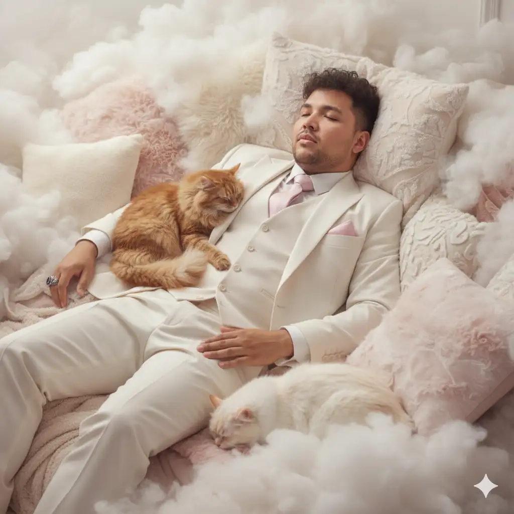 Una foto editorial de alta costura que presenta a Danilo en un entorno lujoso y suave. Danilo con cabello oscuro y rizado, viste un sofisticado traje color blanquecino o crema con chaleco y corbata rosa claro. Está acostado entre una gran cantidad de almohadas o mantas peludas y lujosas en diferentes tonos de crema, blanquecino y rosa pálido, creando un efecto de nube. Dos gatos están cómodamente acurrucados cerca de él: un gato esponjoso de color marrón rojizo duerme en su pecho o brazo, y otro gato de color más claro (posiblemente blanco o crema) duerme cerca de sus pies. La iluminación es suave y etérea, resaltando las texturas del pelaje y la tela. Los ojos de Danilo están suavemente cerrados, transmitiendo una sensación de serena comodidad y elegancia. La estética general debe ser onírica, opulenta y ligeramente caprichosa