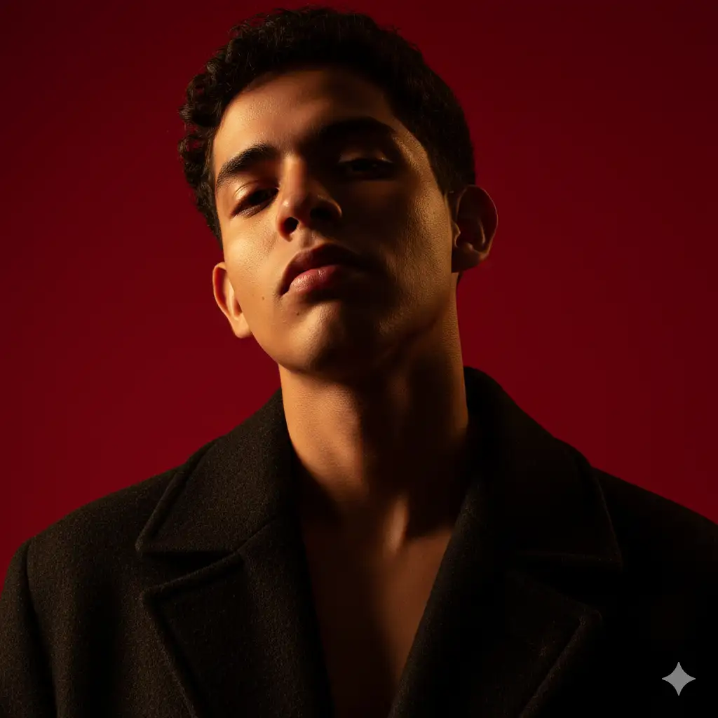 Create a hyperrealistic vertical portrait shot in 1080x1920 format,
characterized by stark cinematic lighting and intense contrast. Captured with a slightly low, upward-facing angle that dramatizes the subject's jawline and neck, the composition evokes quiet dominance and sculptural elegance. The background is a deep, saturated crimson red, creating a bold visual clash with the model's luminous skin and dark wardrobe. Lighting is tightly directional, casting warm golden highlights on one side of the face while plunging the other into velvety shadow, emphasizing bone structure with almost architectural precision.
The subject's expression is unreadable and cool-toned-eyes half-lidded, lips relaxed- suggesting detachment or quiet defiance. The model wears a heavy wool or felt overcoat, its texture richly defined against the skin's smooth, dewy glow. Minimal retouching preserves skin texture and slight imperfections, adding realism. Editorial tension is created through close cropping, tonal control, and the almost oppressive intimacy of the camera's proximity.
There are no props or accessories; the visual impact is created purely through light, shadow, color saturation, and posture - evoking high fashion, contemporary isolation, and hyper-modern masculinity.