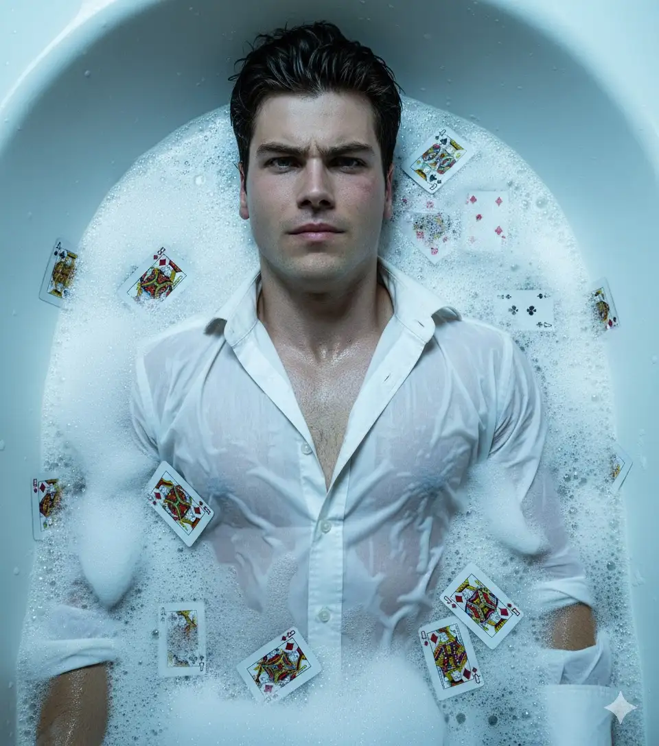 Take a realistic wide photograph of a young man like the photo I uploaded does not change his face with disheveled blond hair, a face with an intense expression and a slight twist of the lips how to endure the pain, there is a slight bruise on the cheek, he is lying in a white bathtub full of foam. His body is half submerged, with a wet white shirt that is partially open. The surface of the water is filled with scattered playing cards, some float and others are glued to soap foam.

Cool whitish blue lighting with contrasting tones, dramatic atmosphere full of tension like a modern film noir scene. Photo taken with a professional camera

Sony A7R V, showing real details of the skin texture, foam and card. --ar 9:16 --v 6 --style raw --q 2 --s 1000 --hd

--Photorealistic --wide shot --Sony A7R V --dramatic cinematic lighting --wet fabric texture --detailed foam bubbles --dispersed cards --grumpy atmosphere --noir film vibes
