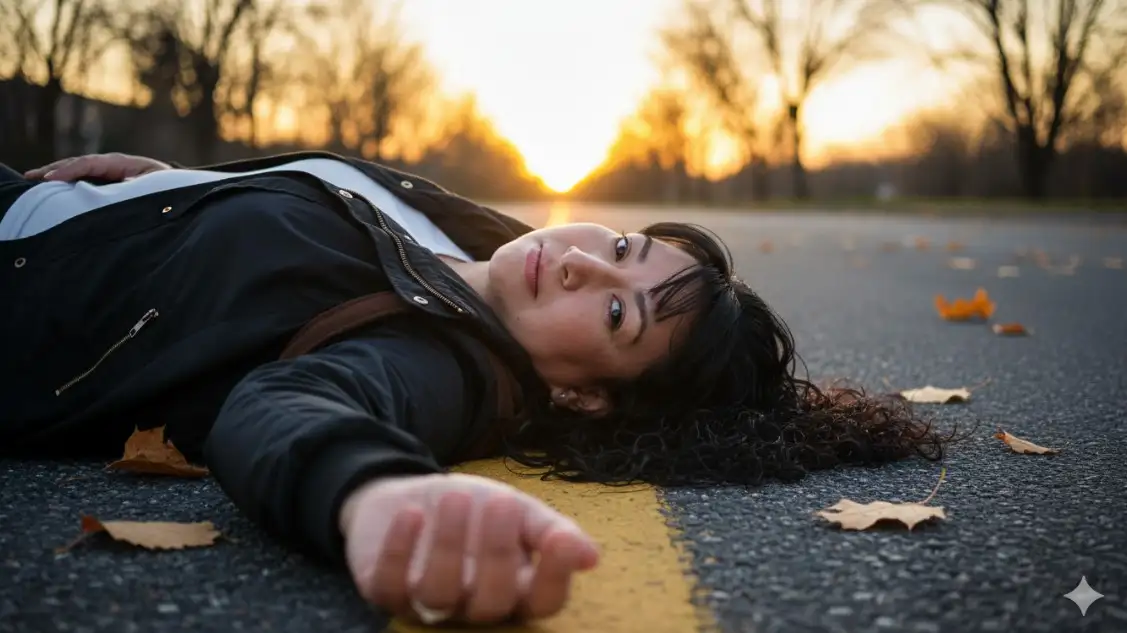 Un retrato editorial hiperrealista con estética cinematográfica. Capture a la persona de la imagen de referencia tumbada en decúbito supino sobre una superficie urbana con una atrevida línea divisoria amarilla pintada en el suelo, que comienza en el borde inferior del marco y se dirige hacia el horizonte, guiando la mirada del espectador. La cabeza reposa suavemente inclinada sobre esta línea, y el cabello cae de forma natural. Un brazo se extiende hacia el objetivo, con la mano en primer plano borrosa por la poca profundidad de campo, mientras que el rostro permanece con una nitidez extrema. La superficie está salpicada de forma natural con hojas ocres otoñales, realistas en color y textura. Al fondo, la escasa vegetación abre huecos entre los árboles donde se pone el poético sol dorado del atardecer, proyectando una cálida luz de borde y un resplandor volumétrico. La iluminación es natural, dramática y difusa, con un contraste cinematográfico entre los cálidos reflejos ámbar y los tonos más fríos del suelo urbano. Renderizado en calidad editorial ultrarrealista, conservando la anatomía humana auténtica, la textura real de la piel (poros visibles, microdetalles, sin suavizado) y una atmósfera natural. Tomado con un objetivo full-frame de 50 mm f/1.8, con poca profundidad de campo, acabado fotográfico profesional y resolución 8K.