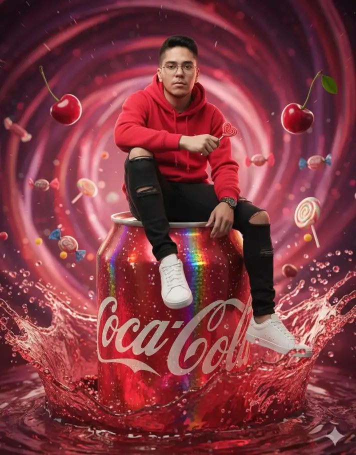 Una escena de fantasía surrealista hiperrealista de [tu foto/el joven de la foto de referencia], vestido con una sudadera con capucha roja, jeans negros rotos y zapatillas blancas, sentado casualmente con un brazo apoyado en su rodilla sobre una lata gigante de Coca-Cola con una llamativa etiqueta holográfica roja y dorada. A su alrededor hay salpicaduras de líquido de refresco rojo brillante, cerezas flotantes y dulces brillantes.