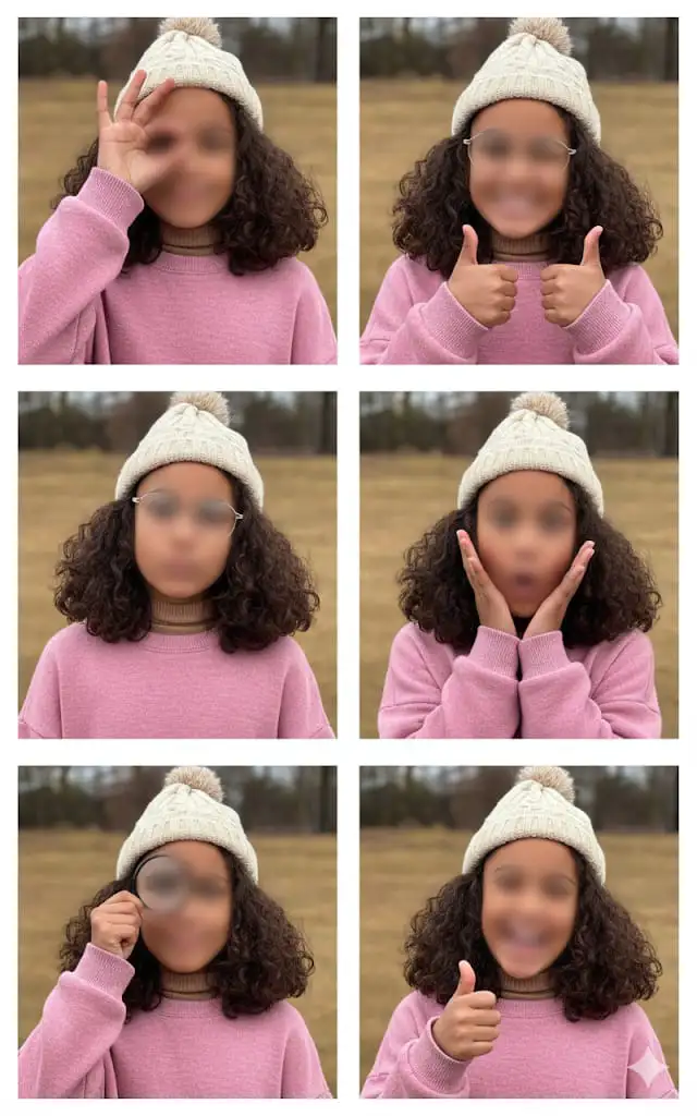 Edita y copia mi cara para crear un collage realista al estilo Géminis de una linda NIÑA de 11 años, con el pelo natura igual que en la imagen adjuntada. Lleva un suéter rosa extragrande de manga larga. El collage tiene seis marcos, cada uno con expresiones faciales y gestos divertidos y encantadores: se cubre un ojo con la mano mientras sonríe suavemente, lleva gafas redondas y hace pucheros, mantén su rostro fiel al 100% sin cambiar nada