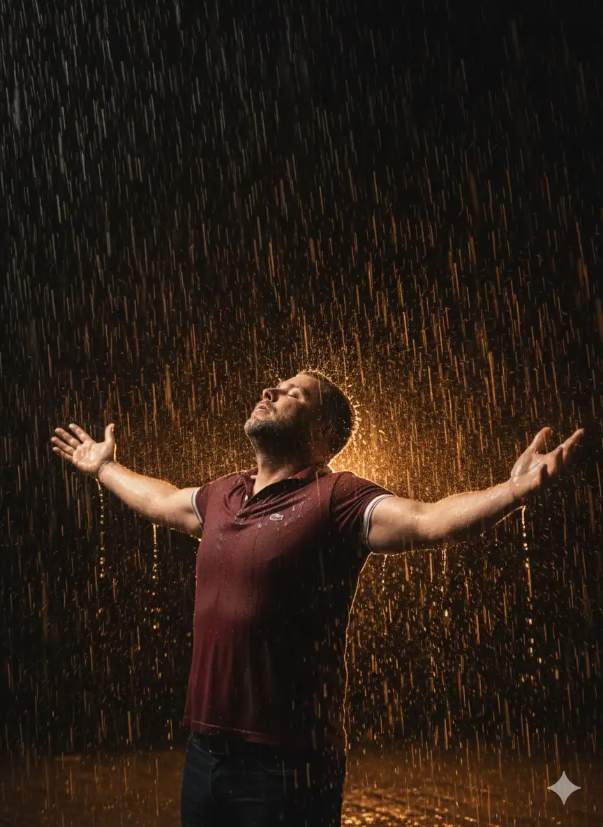Portrait-orientation, medium-long shot of Subject[Person in the Image] standing in torrential rain at night, arms flung wide with open palms, spine arched and chest lifted, head tipped back toward the downpour; low-angle 3/4 profile (~20° up). Composition: Subject centered with a slight left bias, generous headroom and surrounding negative space, diagonal rain streaks slashing across the frame as leading lines, symmetrical arm span forming strong triangular shapes, clean featureless background; crop near shins. Camera: Canon EOS 5D Mark IV (full-frame) + 50 mm, f/2.8, 1/60 s, ISO 800, white balance 3200 K; static/tripod. Lighting: single warm backlight high at 3/4 back-right creating a bright rim on jaw/arms and lighting the rain, minimal/no fill. Environment: exterior night in heavy rain with a dark background and backlit spray. Color grade: cinematic warm amber with deep blacks, moderate saturation, slightly warm temperature. Mood: cathartic, exultant, freedom. Aspect ratio 2:3. Post: S-curve contrast, clarity/micro-contrast to emphasize rain streaks, subtle vignette, mild noise reduction. Negative prompts: watermark, text artifacts, banding, oversoften skin, extra limbs, warping, blown highlights, HDR halos, plastic look.