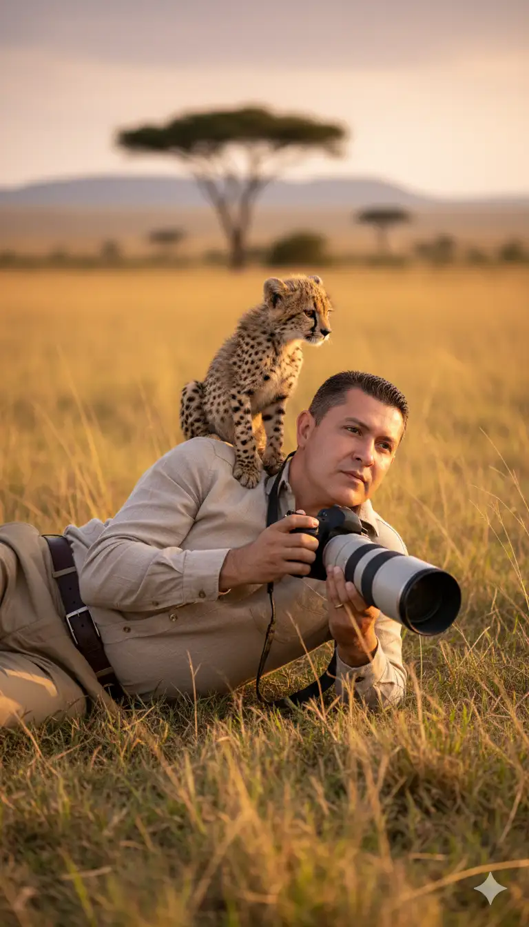 An incredibly realistic wildlife photo scene: a man based on the attached photo, with his facial features and characteristics as well as his stylish hair, dressed in a minimalist earth-toned linen shirt and tailored safari pants, lies face up on the grass, holding a professional DSLR camera with a large telephoto lens, totally focused on the wildlife. A lively cheetah cub sits on my shoulder, looking curiously into the distance. The natural light of the golden hour bathes the African savannah backdrop, with cinematic depth of field, vibrant colors, and incredible 8K detail.