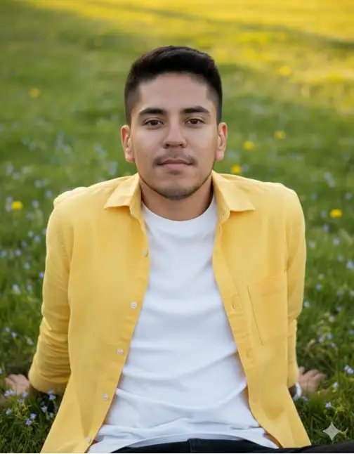 Un apuesto joven está sentado en una posición relajada, apoyado en la hierba verde con pequeñas flores silvestres azules. Lleva una camiseta blanca, una camisa amarilla y un reloj blanco, mirando directamente a la cámara. La iluminación es suave y de ensueño, llena de cálidos tonos naturales. Capturada con un enfoque cinematográfico, la imagen refleja una atmósfera pacífica y romántica en un estilo de fotografía ultrarrealista. La cara y el peinado deben permanecer exactamente iguales a la imagen de referencia.