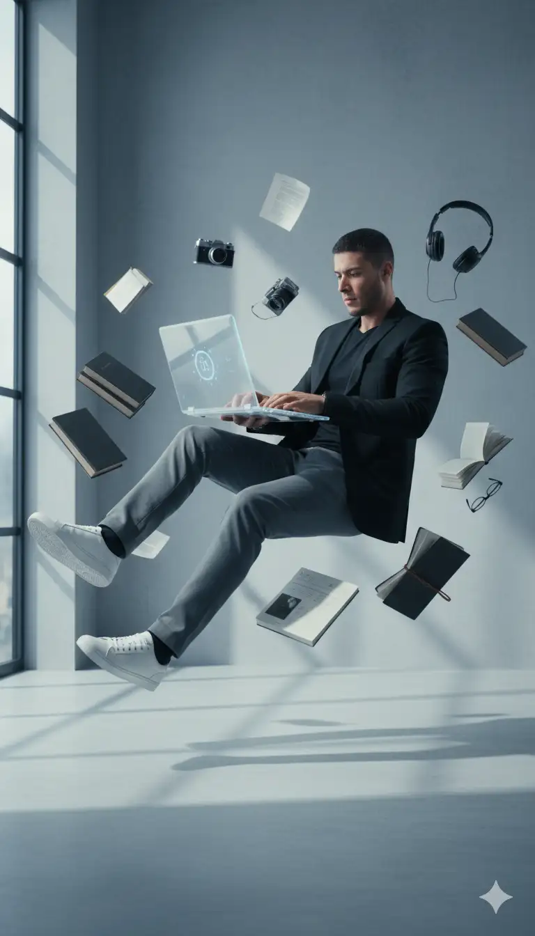 A man (the face according to the reference photo is 100% similar) who is floating in a modern minimalist style room. He is wearing a stylish black blazer, gray pants, and white sneakers. The man seemed to lean back in the air as if sitting on an invisible chair - one leg bent and the other leg stretched forward. He was typing on a laptop that was also floating, with a focused facial expression. Around it, floating objects such as books, paper, cameras, notebooks, glasses, and headphones gently orbit, creating a surreal effect as if without gravity. Lighting: soft natural side light, shallow depth of field, realis- tic shadows, and cinematic color gradations that highlight a futuristic and dreamy atmosphere. Style: Ultra-realistic, cinematic, modern, surreal Camera Settings: Eye-level shot, 50mm prime lens, shallow depth of field, soft natural side light Mood: Focused, creative, dreamy Environment: Minimalist indoor workspace with floating objects and clean smooth background. Don't change the face. (Use the attached image)