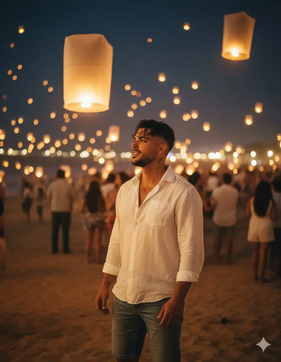 Eres un fotógrafo profesional y realizarás este retrato cinematográfico usando de modelo al sujeto de la foto.
Crear un marco vertical - tamaño 2160x3840 píxeles (calidad 4K) Eres un joven atlético con el pelo desordenado algo mojado Estás en presencia del lantern festival en la noche con mucha gente en la playa tirando sus telas con una vela prendida al aire tu vestimenta es una camisa blanca suelta y un short largo de mezclilla el joven está admirando el festival, (posición del joven).
ILUMINACIÓN NATURAL SUAVE, TONOS DORADOS CÁLIDOS, PROFUNDIDAD DE CAMPO POCO PROFUNDA, ESTÉTICA DE PELÍCULA NOSTÁLGICA, ASPECTO KODAK PORTRA 400, FILMADO EN PELÍCULA DE 35 MM, F/2.8, IS0 200,
LENTE DE 85 MM