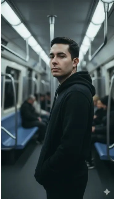 Utilizar mi imagen en una escena cinematográfica y melancólica dentro de un moderno tren subterráneo. Un joven está de pie en el pasillo, con una sudadera negra con capucha y las manos en los bolsillos, mirando ligeramente por encima del hombro hacia la cámara. Las suaves y difusas luces fluorescentes del techo se reflejan en los postes metálicos y las superficies de cristal. La escasa profundidad de campo está al sujeto, mientras que otros pasajeros se ven borrosos al fondo, creando una sensación de aislamiento urbano. Paleta de colores fríos con azules y grises desaturados, grano de película sutil, sombras de bajo contraste y textura de piel realista. Tomada con una cámara de fotograma completo, objetivo de 50 mm, f/1.8, ángulo a la altura de los ojos, cuadro cinematográfico, iluminación realista, alto nivel de detalle, atmósfera dramática, fotorrealismo y calidad de fotograma de película.