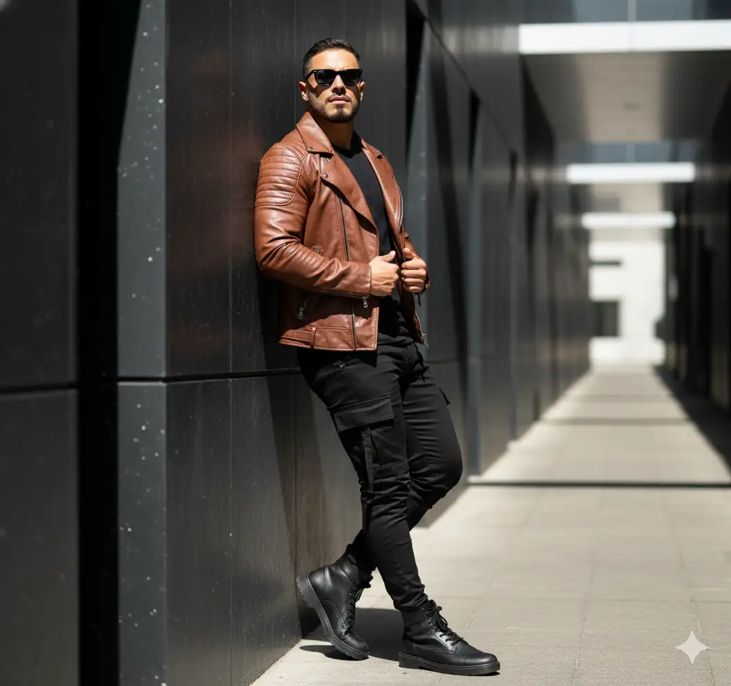 Use 100% face above uploaded photo A full-body, hyper-realistic portrait of a handsome 27-year-old Coombian man with black hair and a black goatee beard like uploaded photo, and sunglasses. He is leaning confidently against a dark, modern architectural wall in a sunlit corridor. He wears a meticulously detailed brown leather biker jacket with quilted shoulders, a black crew neck t-shirt, black skinny cargo pants with, 9:16 size,FHD, 4K