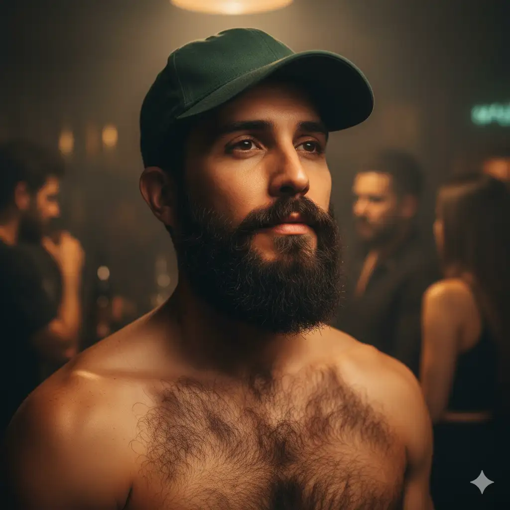 a man (use the uploaded picture as reference for the face) with a thick, dark, full beard and a green baseball cap, shirtless, with a lot of chest hair. hyperrealistic, close-up portrait. natural light. dark tones in the background, with out-of-focus people wearing dark clothing. deep brown eyes, tanned skin. warm, earthy tones. in a smoky bar or club scene. focus on the subject's face and chest. subtle lighting that highlights the beard and chest hair. a sense of intimacy and closeness.