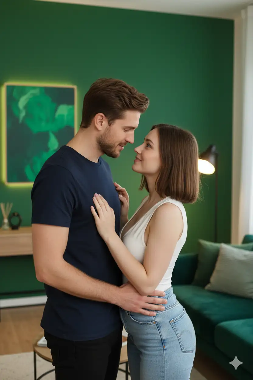 In a vibrant, modern living space characterized by its bold green walls and contemporary decor, a couple engages intimately, suggesting a moment of connection and emotion. The scene is softly illuminated, casting flattering light on their forms, highlighting the textures of the clothing, particularly a sheer white top that adds a delicate touch. The composition focuses on the dynamics of their pose, with a blend of tenderness and passion expressed through their body language. The male figure (use the uploaded picture as reference for the face), wearing a casual dark green shirt, exudes confidence, while the female’s attire suggests vulnerability (use the second uploaded picture as reference for the face). The overall mood is intimate and warm, capturing a blend of affection and allure, framed in a way that invites the viewer into their shared moment.