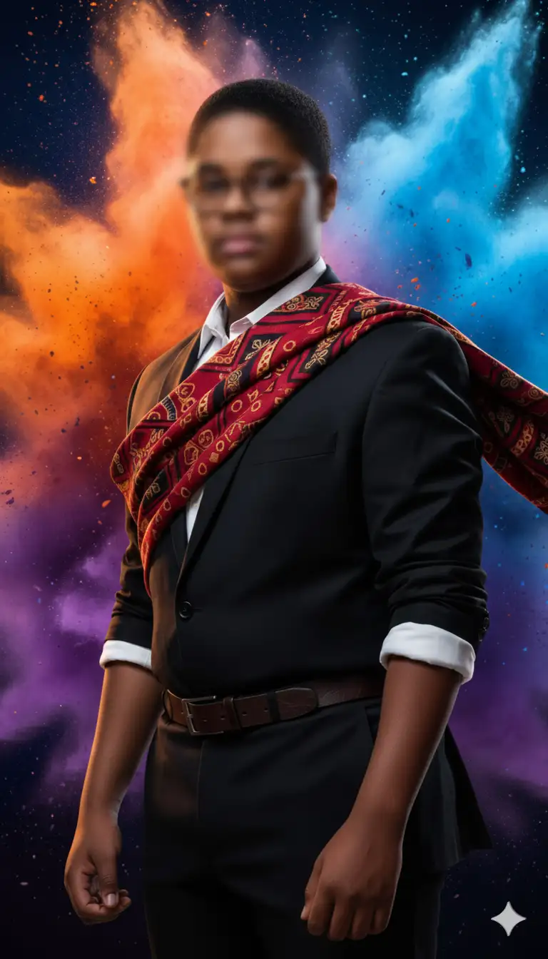 Póster cinematográfico ultrarrealista de un ADOLECENTE de 14 años robusto y elegante, de pie, con seguridad en sí mismo en una pose dramática. Lleva un moderno traje NEGRO con las mangas arremangadas, una bufanda ROJA estampada sobre un hombro y un cinturón de cuero. Su intensa expresión le confiere una atmósfera feroz y heroica. El fondo explota con dinámicas salpicaduras de polvo NARANJA, AZUL y MORADO, creando un impacto visual enérgico y poderoso,  sin texto en la imagen