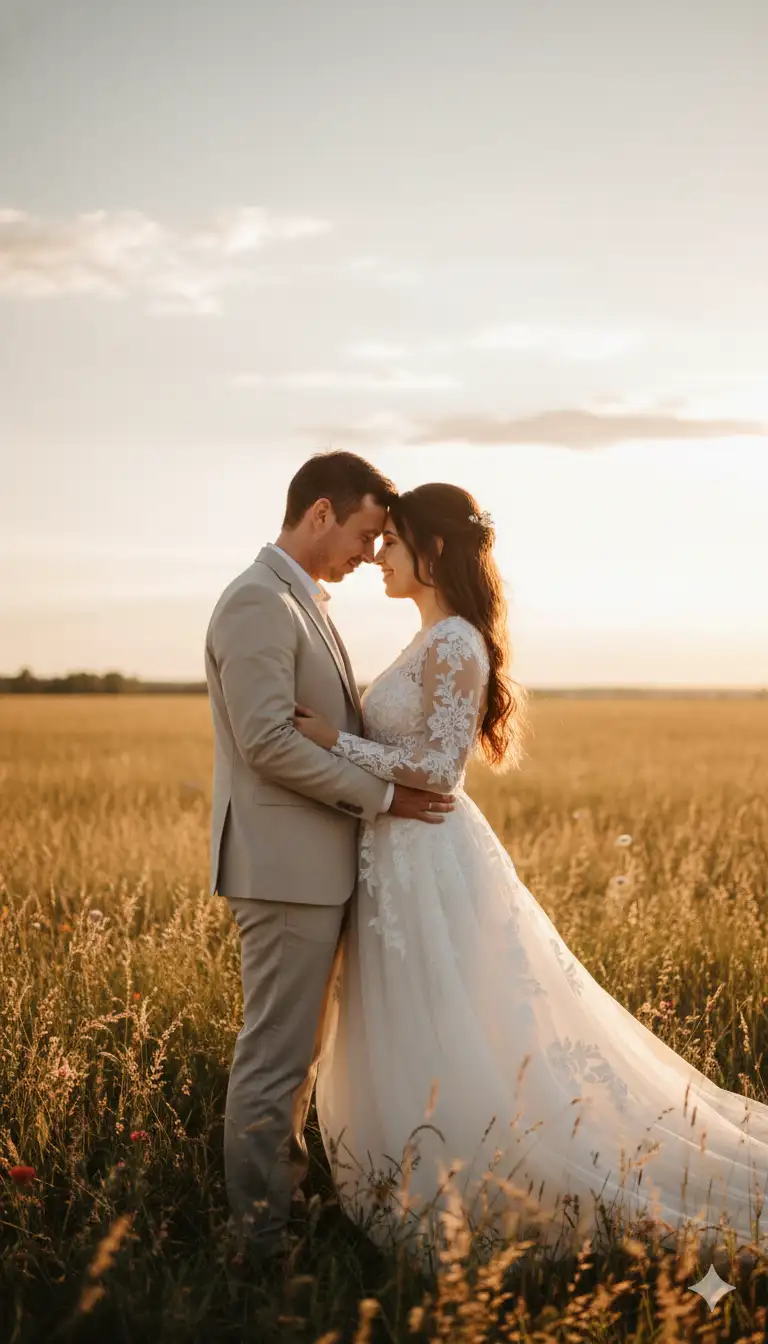 Based on the reference photo of the couple, create a high-quality vertical cinematic portrait of them on their wedding day. The scene is set outdoors in a wide, sunlit meadow during golden hour. The couple stands close together, framed from the waist up, surrounded by soft, glowing light. The sky is clear with a few delicate clouds, casting a warm and romantic hue across the scene.

The bride wears a flowing white dress with delicate lace details and soft fabric that moves slightly with the breeze. Her hair is styled elegantly with a natural touch. The groom stands beside her in a light suit, relaxed yet graceful. They are looking into each other’s eyes, smiling gently, their foreheads close as if lost in their own world.