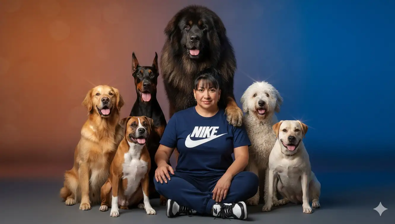 Foto cinematográfica de estudio ultrarrealista tomada con una cámara DSLR de [la persona de la foto subida], vestida con ropa Nike Air Jordan auténtica: una elegante camiseta Air Jordan, pantalones deportivos Jordan a juego y zapatillas Air Jordan 1 originales. Rodeado de varios perros, incluyendo un enorme mastín tibetano (el perro más caro), un Boxer, un Viejo pastor ingles, un golden retriever, un labrador, un Pitbull y un dóberman, todos impecablemente cuidados y majestuosos. Un perro grande lo rodea con su pata en un abrazo protector, mientras que los demás se sientan y se paran juguetonamente, todos con expresiones alegres y felices. Capturada en un estudio profesional con un impresionante fondo cinematográfico degradado (una suave mezcla de tonos naranja dorado y azul intenso), que le da un aspecto editorial de alta costura de alta gama. Una iluminación cinematográfica dramática pero suave resalta su rostro, con un brillo irresistible y una lente sutil.