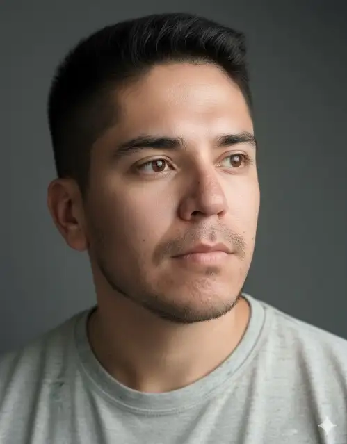 Entendido. Aquí tienes un retrato fotográfico hiperrealista de la persona de la imagen de referencia, con una expresión pensativa y ropa casual de color gris, en un estudio con fondo gris e iluminación suave: