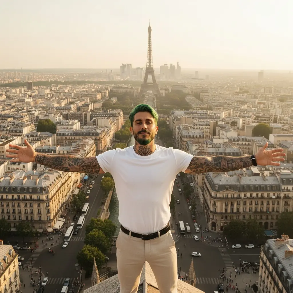 Una imagen cinematográfica hiperrealista, usar la imagen subida de un hombre joven, 1,90 m, 32 años, conservar sus rasgos faciales, con una expresión juguetona, con los brazos extendidos hacia los lados, vestido de ropa de verano a la moda.
Él está de pie en lo más alto de una torre famosa de París.
Desde este punto de vista elevado, se ve todo el horizonte de París: la Torre Eiffel a lo lejos, tejados parisinos clásicos y calles sinuosas abajo. Camiseta blanca, reloj negro.
La luz dorada del día ilumina la ciudad, con una suave neblina atmosférica que añade profundidad.
El ángulo de la cámara es amplio, ligeramente bajo, haciendo que la persona parezca majestuosa y libre mientras abraza la vista panorámica.
Ambiente: liberador, cinematográfico, impresionante.
Relación de aspecto: 16:9, ultrarrealista, detalle cinematográfico.