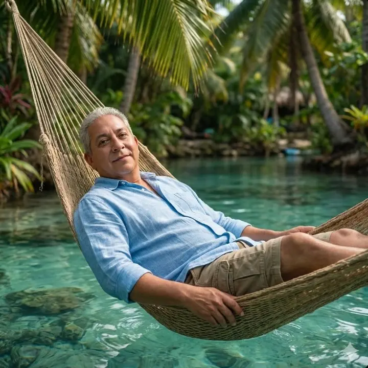 con mi foto Genera una imagen hiperrealista en resolución ultra alta 16K con estética cinematográfica tipo película IMAX, basada en una escena de estilo lifestyle premium en un entorno tropical natural. La composición muestra a un hombre recostado en una hamaca suspendida sobre agua cristalina de tono turquesa, rodeado de vegetación exuberante con palmeras, hojas tropicales y fondo selvático orgánico. El sujeto humano será reemplazado por una foto de referencia, por lo que debe conservarse el 100% de su fisionomía real con precisión fotográfica absoluta, manteniendo rasgos faciales exactos, proporciones anatómicas reales, volumen corporal auténtico, expresión relajada y natural, textura de piel real con poros visibles, micro imperfecciones, variaciones tonales, vello sutil y ausencia total de suavizado artificial.
El rostro debe integrarse perfectamente con la iluminación ambiental y el entorno, logrando un aspecto 100% humano, sin apariencia digital ni CGI. La iluminación es natural, suave y envolvente, propia de un entorno tropical a plena luz del día ligeramente filtrada por la vegetación, generando sombras orgánicas, reflejos realistas sobre la piel y un comportamiento físico correcto de la luz.
La hamaca presenta fibras textiles naturales con trenzado visible, desgaste sutil, tensiones reales en las cuerdas y textura detallada del tejido. La ropa del sujeto camisa ligera de lino o algodón en tonos azules claros, con textura textil claramente definida, pliegues naturales,
costuras visibles y caída física realista acorde a la postura corporal, pantalón corto color caqui con bolcillos estilo camuflado. El agua bajo la hamaca muestra transparencia real, movimiento sutil, reflejos especulares naturales y refracción correcta de la luz.
El fondo presenta profundidad de campo óptica realista, con elementos levemente desenfocados que aportan sensación de calma, exclusividad y escapada de lujo. La cámara simula una lente cinematográfica de gran formato, con nitidez extrema en el sujeto y transición suave hacia el bokeh del entorno. El etalonaje cinematográfico es profesional, con colores ricos pero naturales, contraste equilibrado, negros suaves, altas luces controladas y una paleta cromática cálida y fresca que transmite tranquilidad, bienestar y sofisticación. El resultado final debe ser indistinguible de una fotografía real tomada con cámara cinematográfica de alta gama, hiperrealista, técnica, sin artefactos digitales y visualmente impecable.