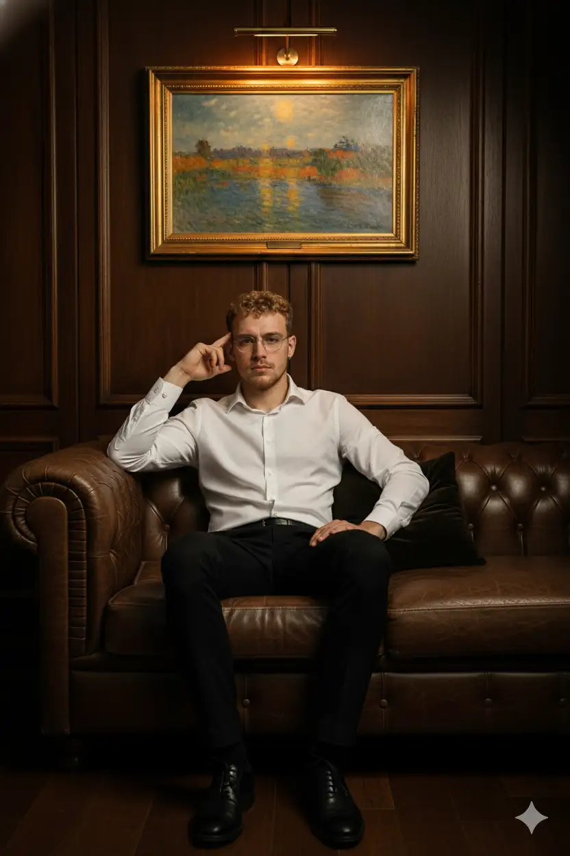 A confident young man sitting on a luxurious brown leather sofa, dressed in a crisp white shirt, black fitted trousers, and polished black formal shoes. He poses elegantly with one hand near his face and the other resting on the sofa arm. The background features a dark wooden paneled wall, softly lit with warm ambient light, and a grand framed Monet painting hanging above, adding a scholarly and royal atmosphere.