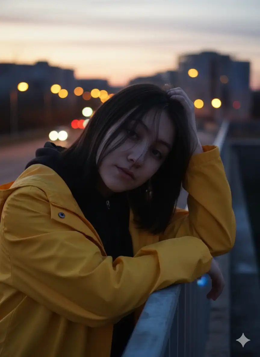 En la imagen  se ve a una persona joven apoyada sobre una baranda, con una postura relajada y una expresión serena, ligeramente introspectiva. Su cuerpo está inclinado hacia adelante, una mano descansando sobre la baranda y la otra sobre su cabeza, en un gesto natural que transmite confianza y calma. La mirada está dirigida hacia la cámara, generando una conexión sutil e íntima con el espectador.

El entorno es urbano y desenfocado, probablemente durante el atardecer, con luces cálidas y destellos suaves al fondo que crean un ambiente nostálgico y artístico. La iluminación es tenue, con un tono dorado-azulado que resalta la atmósfera melancólica de la escena.

Según la imagen que te envié, mantén los rasgos sociales, físicos y el estilo personal de la persona original, preservando su esencia, actitud y presencia natural. Asegúrate de conservar la composición, la dirección de la mirada, la postura y la iluminación, para que la recreación mantenga la misma energía estética y emocional del retrato original.