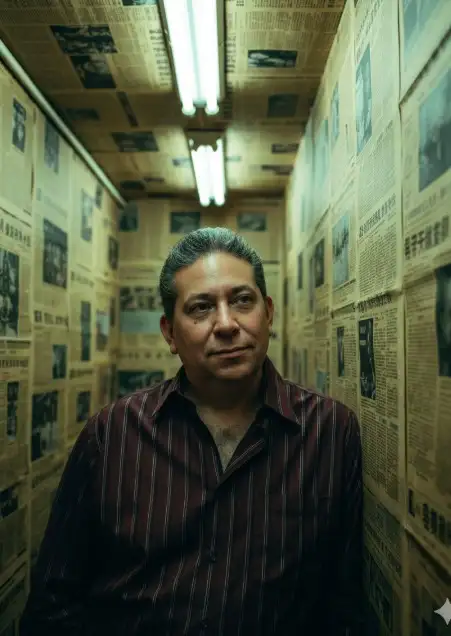 Retrato retro fotorrealista de Hong Kong con un auténtico aspecto cinematográfico de los 90. Utiliza una imagen [O] como referencia para el rostro. De medio cuerpo. se apoya contra una pared cubierta de periódico, con la mirada suave y la Habitación estrecha de Hong Kong, con las paredes cubiertas de periódicos cantoneses viejos y amarillentos. Brillo de lámpara de tungsteno con un ligero tono verdoso. Sombras densas y luces fluorescentes.