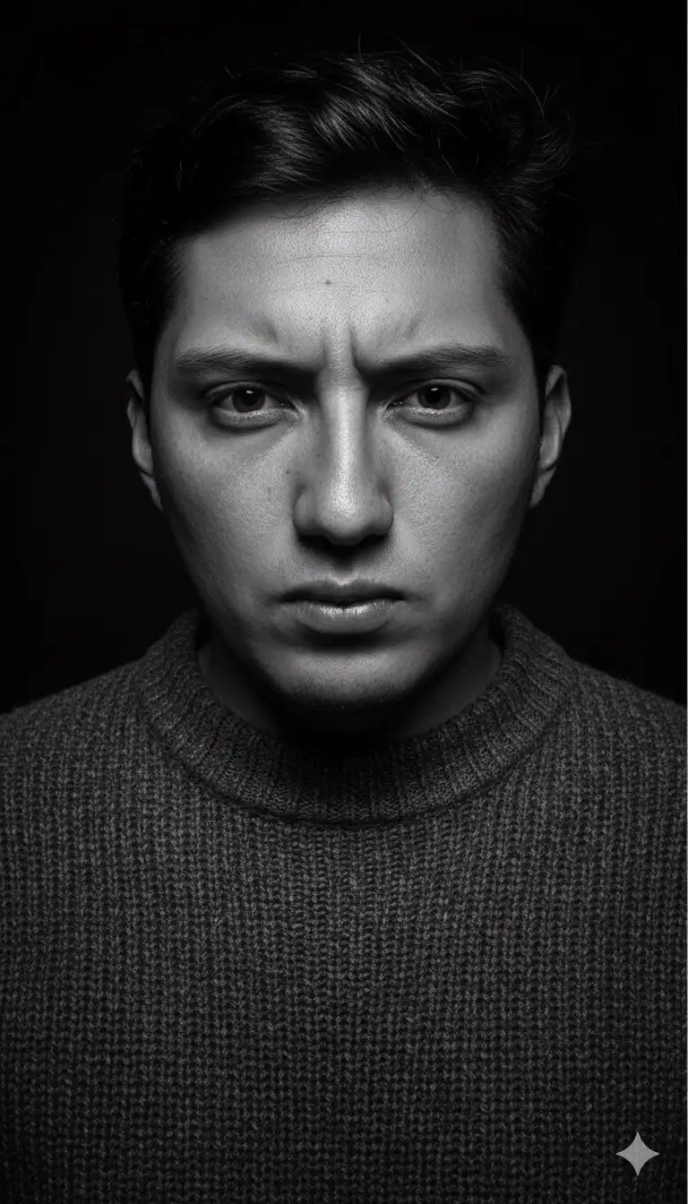 Black and white ultra-realistic portrait of a man looking intensely at the camera with a furrowed brow. Dramatic lighting from above, textured sweater, visible skin pores and light sweat. Studio background completely black. Raw emotion, high-contrast monochrome style.