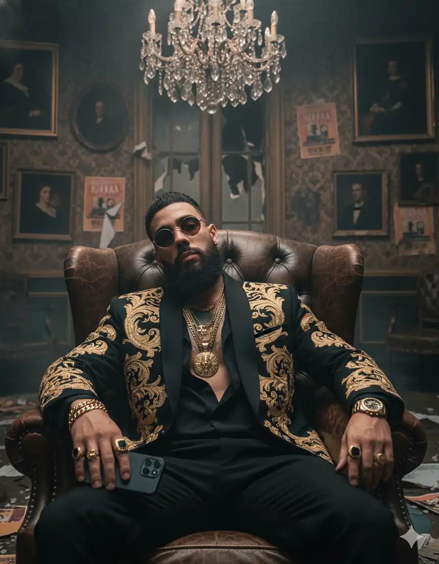 A cinematic low-light portrait of a young man (using the uploaded face), seated in a cracked leather armchair inside a decaying royal study. He wears a black designer suit with gold embroidery, his shirt open at the chest to reveal layered chains and a heavy pendant. His rings and watch gleam against the dusty backdrop. Round tinted sunglasses rest on his face, his expression weary yet defiant. He holds a mobile phone in his right hand. The background features faded portraits, torn political posters, and broken chandeliers, symbolizing lost power and lingering dominance. Smoky haze and dramatic shadows add depth to the scene, captured in 8K detail, with an aura of fallen royalty and gangster nostalgia.