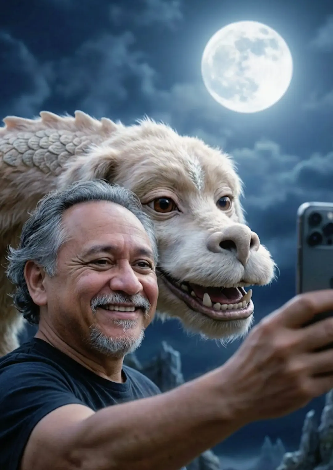 Una imagen fotorrealista y atmosférica de la historia sin fin (con el rostro de la imagen proporcionda, respetando fielmente todos los rasgos faciales), un hombre a un lado de Falkor, con la Luna llena de fondo tomándose una selfie, ambos con los rostros alegres. Ultradetallado, pelo a pelo
Estilo cinematográfico, luz natural, profundidad de campo, 4K." Relación de aspecto 9:16