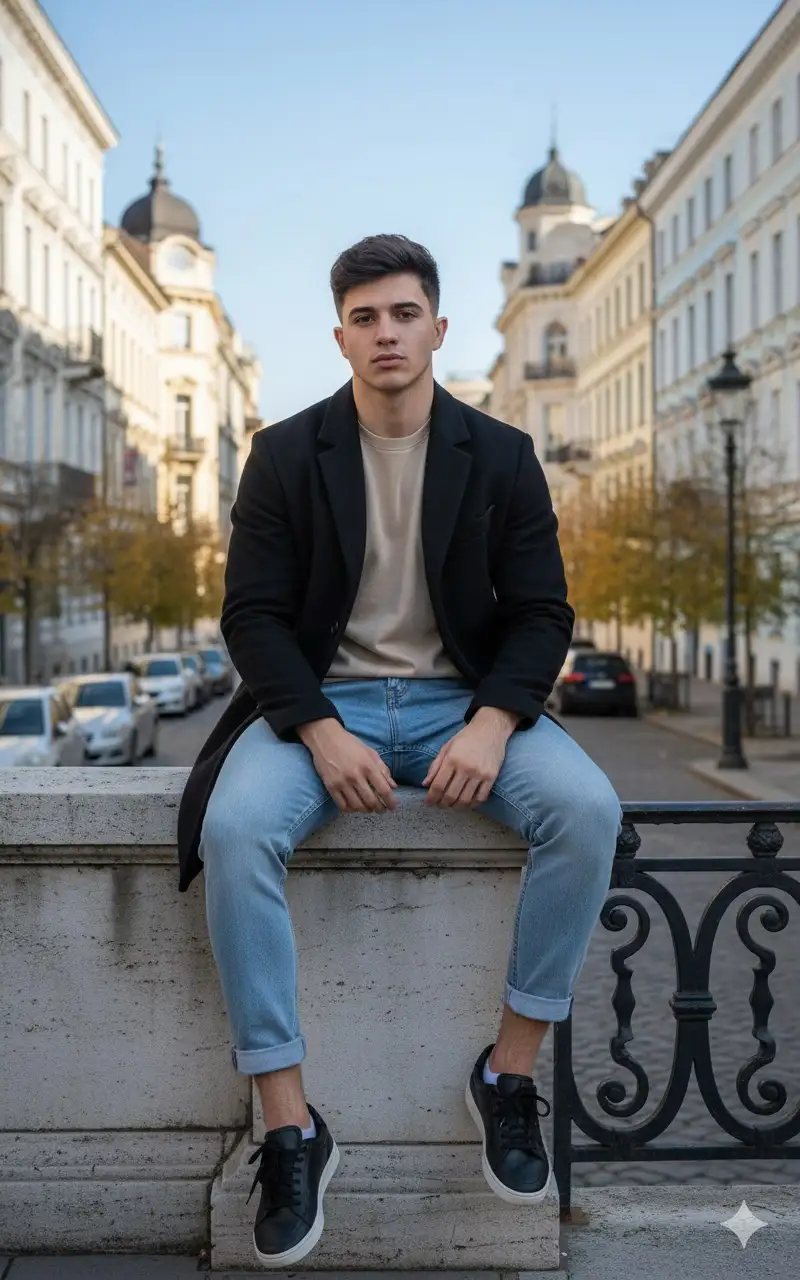 Full-body editorial portrait in a European urban setting. Using the reference image as a STRICT source, preserve the EXACT likeness, facial structure, body proportions, and natural hair of the person.
The subject is seated on a light gray stone ledge, positioned centrally in the frame. They wear a black overcoat with a notched lapel, left open to reveal a beige crew-neck shirt, light blue rolled-up jeans, and black sneakers with white accents. Their posture is relaxed, with legs apart, one foot resting on a metal railing and the other on the ledge. Hands are naturally positioned—one hanging between the legs, the other resting on the edge.
The background features a European-style city street with pastel-colored historic buildings showcasing classical architectural details like arched windows, cornices, and domes. The scene includes parked cars, a lamppost, and distant autumn trees under a clear blue sky.
The lighting is natural daylight, simulating late morning. Sunlight casts soft, directional shadows, with a subtle glow around the subject's hair and face, enhancing the textures of the clothing, skin, and stone.
The atmosphere is calm, introspective, and grounded. Shot with a full-frame DSLR, 85mm lens at f/2.0, creating a moderate depth of field with a sharp focus on the subject and a softly blurred background. The color grading is a balanced mix of warm and cool tones.
editorial photography, urban portrait, European street, hyperrealistic, documentary style, fashion photography, natural lighting, textured fabrics, architectural details, 8k --v 6.0 --style raw --ar 2:3