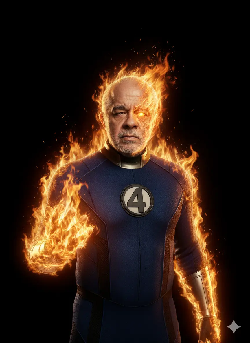 Crea una imagen hiperrealista de calidad cinematográfica, 8K, formato 9:16, empleando para ellos la siguiente información:
La imagen representa a un hombre con poderes iguales o similares al superhéroe de Marvel Antorcha Humana de Los Cuatro Fantásticos.
 * Un hombre (foto 1) usando el uniforme de los cuatro fantásticos con el emblema del "4" en el pecho.
 * Efectos de llamas que cubren básicamente la parte derecha del cuerpo, incluyendo el rostro,  indicando el poder del personaje de envolverse en fuego y volar.
 * Un intenso y brillante ojo ardiente, enfatizando aún más sus poderes.
La mano izquierda también está en llamas. 
El fondo de la imagen es un color negro intenso, lo que sugiere que la escena ocurre por la noche. 
 La iluminación proviene únicamente de las llamas que el personaje hace brotar en su cuerpo. 
Crea la imagen manteniendo totalmente íntegros todos los rasgos físicos y corporales del rostro de la foto adjunta.