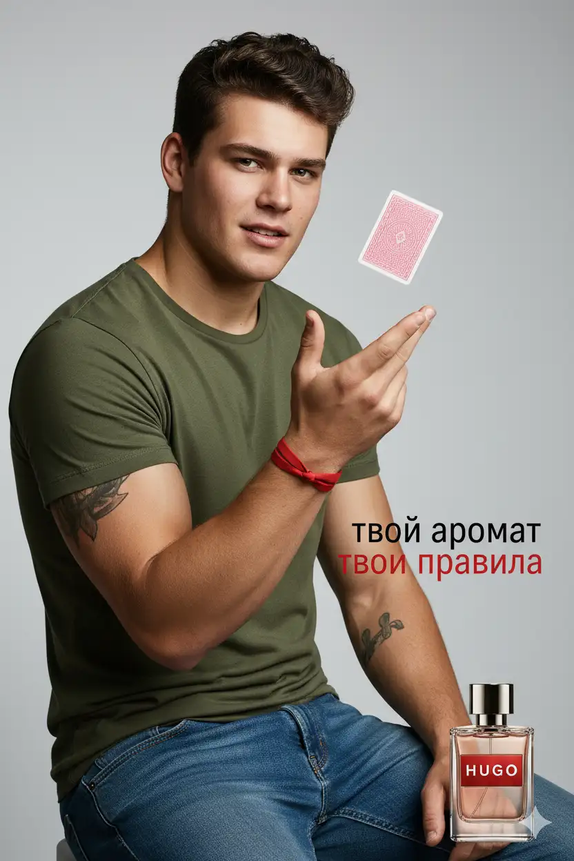 A high-fashion advertisement style photo. A young man with light skin, short dark tousled hair, and a defined jawline is sitting casually, wearing a fitted olive-green T-shirt and blue jeans. On his right wrist is a red fabric bracelet tied tightly. A tattoo is visible on his left upper arm. He is leaning slightly forward, raising his right hand in front of him as if tossing a playing card. A pink-backed playing card floats in mid-air near his hand. He looks directly at the viewer with a confident, playful expression, lips slightly parted. The background is a smooth light gray gradient with soft studio lighting. At the bottom right is a glass perfume bottle with a metallic cap and red label reading “HUGO”. Cyrillic text appears near the man in black and red letters (“твой аромат”, “твои правила”). The overall style is sleek, glossy, and modern, like a professional fragrance campaign.