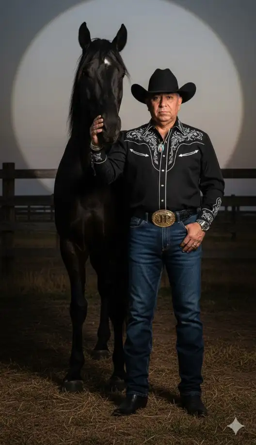 Es esta foto tiene una imagen con un atuendo de inspiración vaquera posado con un caballo negro. Lleva un sombrero vaquero negro que sostiene ligeramente con su mano derecha, mientras su mano izquierda descansa sobre su regazo, viste una camisa negra con detalles en blanco Debajo, lleva un pantalón largo de mesclilla, ligeramente ajustado en la parte de abajo. Un cinturón dorado con iniciales "JP" con detalles vaqueros que adornan su cintura. Completan su atuendo unas botas vaqueras negras. Su piel tiene un tono bronceado. Incluyendo un reloj rolex en su muñeca izquierda, en la derecha 3 esclavas de plata y una medalla de una virgen pequeña en el cuello. Que sea un retrato glamuroso como una sesión de fotos, en un racho sencillo y neutro, iluminada por un foco circular que proyecta una sombra nítida y dramática detrás de mí, creando un efecto cinematográfico.