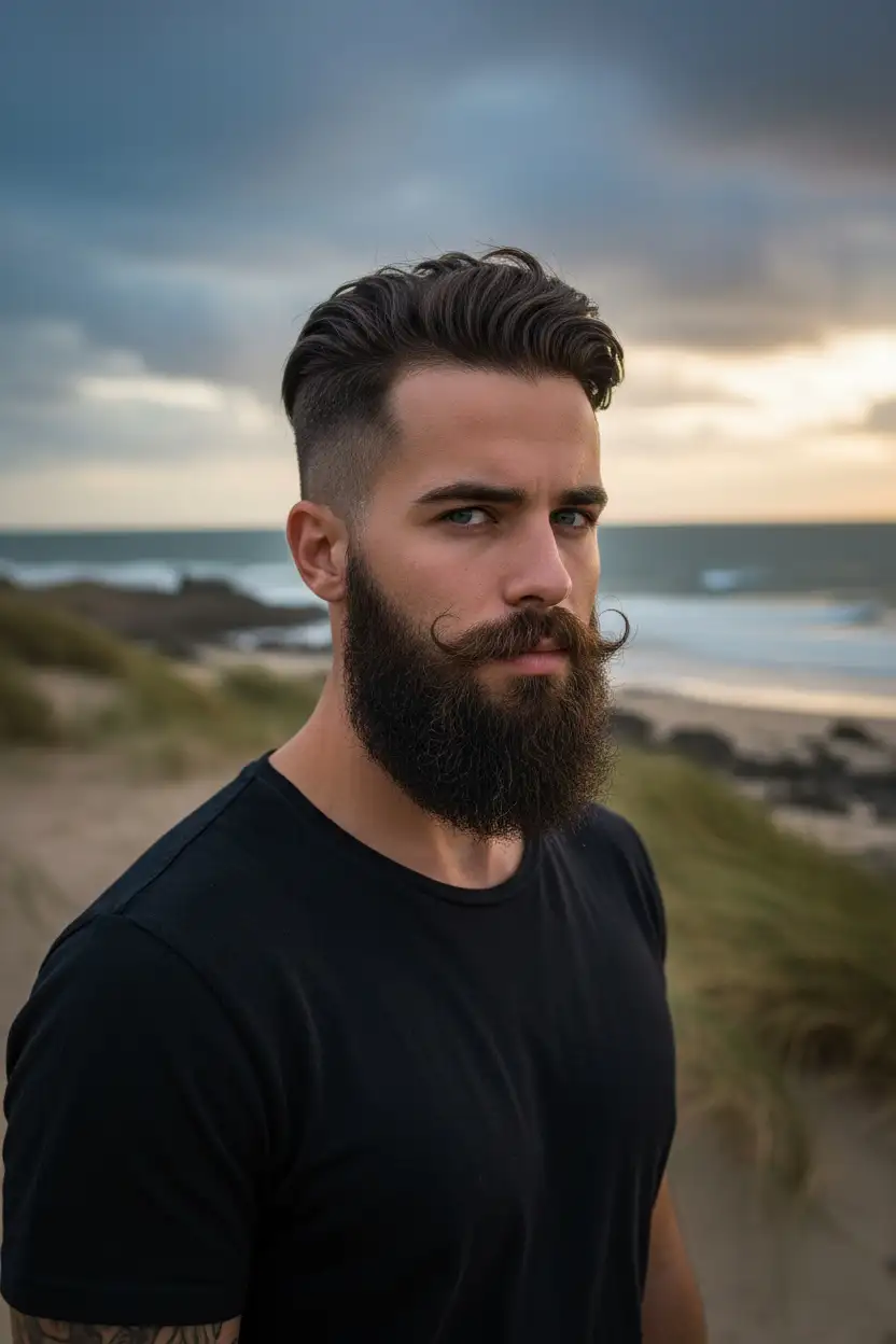 Cabello: Peinado con volumen, degradado a los lados.

Barba: Muy poblada, con bigote peinado hacia arriba.

Ropa: Camiseta básica oscura.

Estilo: Rústico masculino, con aire vikingo moderno.

Lugar: Exterior, ambiente natural (playa o zona con brisa).