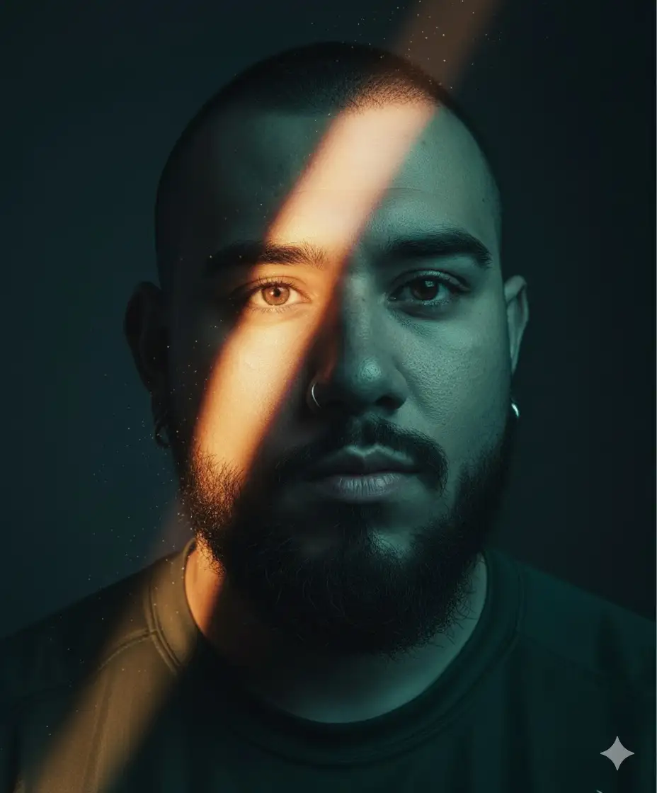 A cinematic, surreal close-up 3/4 portrait of a striking young man with short, slightly buzz cut brown hair and piercing hazel eyes. His flawless skin catches the light with a smooth, natural matte finish, softly sculpted by dramatic shadows. He gazes upward with a serene, introspective expression, evoking a sense of wonder and quiet contemplation. A single beam of warm, golden-orange light cuts across his eye and upper cheekbone, making his illuminated blue eye glisten with subtle highlights. Faint sparkles and delicate dust particles float within the light beam, adding an ethereal touch. The rest of his face gradually fades into deep, moody teal shadows, creating a stark, dreamy contrast between light and darkness. Strands of his hair catch the rim light, adding texture, depth, and a soft glow. The background is an abstract gradient blending deep teal into soft black, fading seamlessly into shadow to keep all focus on his illuminated eye and sharp, elegant facial structure. High detail, cinematic lighting, surreal and dreamy atmosphere — conveying hope, mystery, and inner calm. Ratio 3:4. Don’t change facial features