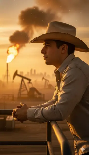 "acción": "generación_de_imagen",
"action_input": "Un plano medio cinematográfico de perfil del hombre de la imagen de referencia, con un desgastado sombrero de vaquero beige y una camisa abotonada clara con textura, apoyado en una oscura barandilla metálica industrial con las manos entrelazadas. Contempla un vasto y brumoso paisaje de un campo petrolífero al atardecer, bañado por la intensa luz ámbar de la hora dorada y el polvo atmosférico. El plano medio presenta bombas de bombeo activas y espectaculares antorchas de gas que emiten llamas anaranjadas brillantes y humo oscuro, que contrastan con la tenue silueta del horizonte urbano a lo lejos. La composición utiliza una profundidad de campo reducida para centrarse en el rostro del hombre, manteniendo el contexto ambiental, renderizada en fotorrealismo de 8k con iluminación volumétrica, alto contraste y una estética western dramática y cruda."