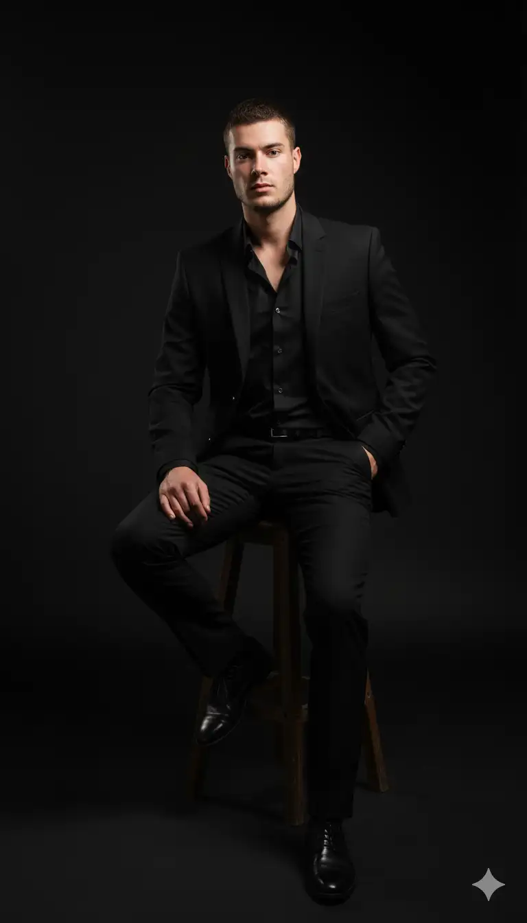 create a ultra-realistic full-body studio portrait of a young man seated confidently on a wooden stool against a dark black background. He wears a sleek all-black outfit: fitted suit jacket, black dress shirt slightly unbuttoned, slim trousers, and polished dress shoes. His pose is elegant and composed, with one hand resting on his thigh and the other in his pocket, exuding confidence and sophistication. Lighting is dramatic yet balanced, highlighting his facial features, suit textures, and creating subtle shadows for depth. Editorial fashion photography style, cinematic atmosphere, photorealistic, 4K resolution. Don't change facial features