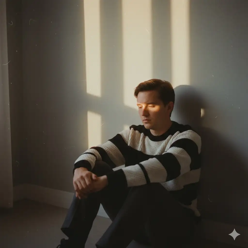 Moody indoor environmental portrait (knee-to-head, three-quarter) of Subject[person in the image] wearing a wide black-and-ivory horizontal striped knit crewneck sweater (only 2-3 large equal stripes) and dark trousers; shot vertically at 2:3 on a full-frame digital mirrorless with a 35 mm prime from a slightly high angle (~10-15° downward tilt); settings f/2.0, ISO 800, 1/500 s, white balance Shade ~7000 K with +5 magenta tint; Kodak Portra 400 emulation plus an 81A warming filter. Composition: subject seated on the floor in the lower-right third, back against a neutral gray wall, legs bent with knees drawn up, head gently bowed, hands near lap; background is a plain wall only, with a curtain barely visible as a thin overexposed sliver at the extreme upper-left edge; large negative space above and left; rule-of-thirds with a subtle vignette. Lighting: late-afternoon golden-hour natural light from three separate windows producing three distinct tall rectangular columns of warm light on the wall, slightly offset and unequal in intensity; the lowest beam forms a narrow bright band across the subject's forehead/eyes; high-contrast chiaroscuro with crisp edges and gentle halation, flowing left-to-right. Focus: plane on the subject's face/forehead with shallow depth so the wall softens gently. Texture: pronounced film-like grain with visible dust specks and faint scratches. Color palette: warm honey/amber highlights and creamy whites against a neutral charcoal wall with black sweater stripes. Post-process: warm split-toning (highlights +15 orange, shadows +5 sepia) with a soft fade in the deepest shadows. Mood: introspective, raw, minimal, warm.
Constraints: only wall and subject visible; lighting must read as three discrete rectangular window highlights; curtain barely visible; legs remain bent; no clutter or furniture; no bright saturated colors;
no HOR; no extreme sharpening; no bokeh balls.
