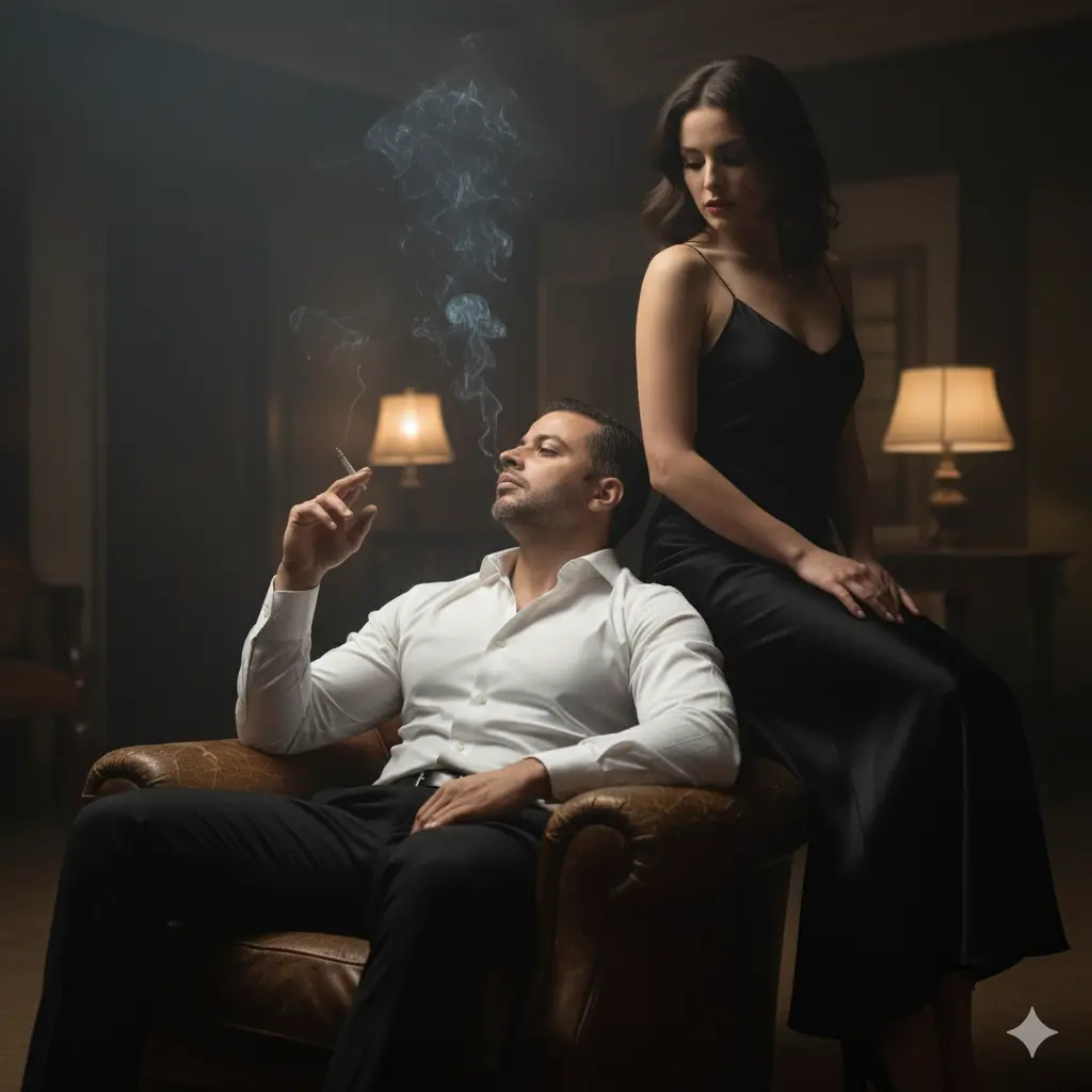 Attığım görseldeki çift için hazırlanacak Bu görselde sahne dramatik bir atmosferde kurgulanmış; erkek model ön planda deri koltukta oturmuş, vücudu hafif yan dönük ve başını arkaya yaslayarak sigarasından çıkan dumanı yukarı doğru savuruyor, kendinden emin ve rahat bir tavır sergiliyor. Kadın model ise onun hemen arkasında, koltuğun köşesine oturmuş vücudu hafif yana dönük kafasını eğip erkeğe bakıyor gizemli ve güçlü bir duruşla kompozisyonu tamamlıyor. Kadraj belden yukarıyı kapsayacak şekilde orta yakın plan tercih edilmiş, çekim açısı ise hafif aşağıdan yukarıya bakar gibi verilmiş, böylece modeller daha güçlü ve etkileyici gösterilmiş. Kullanılan ışık düşük yoğunluklu, loş ve sinematik; özellikle yandan verilen ışık erkek modelin yüz hatlarını, modelin ise siluetini belirginleştiriyor, sahneye kontrast ve dramatik gölgeler ekliyor. Mekân loş bir iç mekân; arka planda masa lambası gibi yumuşak ışık kaynakları görülüyor, ortama retro ve gizemli bir hava katıyor. Erkek model spor vücut hatlarını belli eden beyaz gömlek siyah kumaş pantolon giymiş. Kadın model, ince askılı, siyah, uzun ve zarif bir elbise giymiş; sade ama çekici silüetiyle erkeğin karizmatik görünümüne kontrast oluşturuyor. Genel kompozisyon, dumanın da etkisiyle yoğun bir noir film sahnesini andırıyor; kıyafetler, ışık ve mekan birleşimiyle gizem, güç ve tutku vurgulanmış. Bu şekilde bir görsel hazırlar mısın ? Görsel gerçekçi olsun. Kadın ve erkeğin yüz hatları kesinlikle değişmesin ve oynamasın. Görsel boyutu 9:18 olsun.🌸
