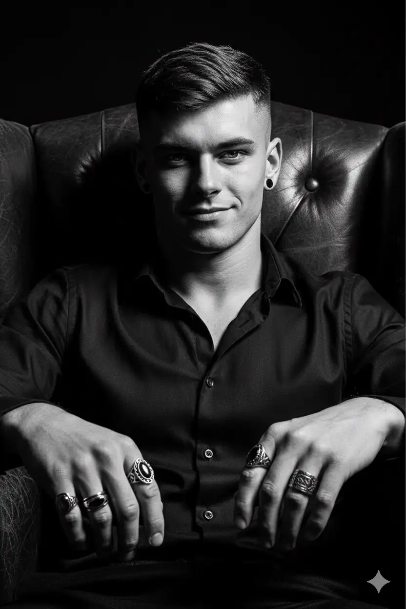 A timeless black and white close-up portrait—sharp, high-contrast shadows carve out every detail of the face. The subject sits back in a high-backed leather chair, rings on each finger, staring directly into the lens with a quiet smirk. The background fades into darkness.
Style: Close-up, black and white, 50mm lens, 8K resolution, DSLR, ultra-sharp detail on skin texture and metallic jewelry.
Mood: Moody, commanding, vintage luxury.