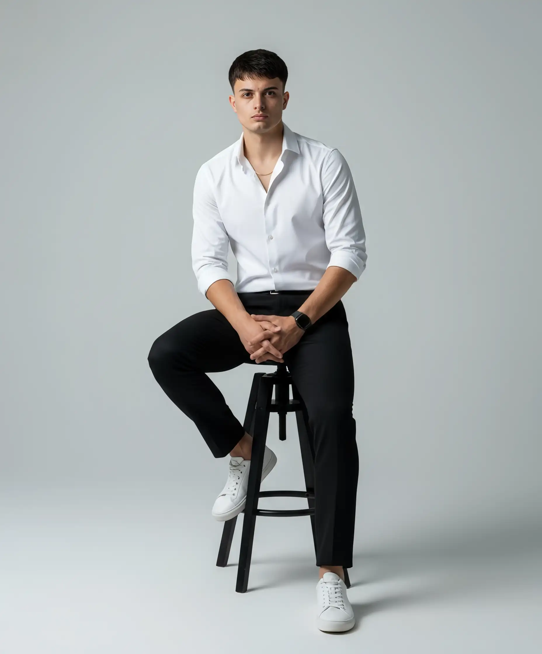 Comprendido. Para hacer el prompt "intercambiable" con una imagen adjunta, la parte más importante es que la descripción del rostro en el prompt sea lo más genérica posible o se elimine por completo, para que la herramienta de edición de imágenes pueda priorizar la imagen facial que adjuntes.
Aquí te dejo el prompt modificado, con la parte del rostro adaptada para indicar que se debe usar una imagen de referencia facial:
Full body studio portrait of a young man, 20s. **The face should be replaced with the attached reference image.** He has dark short hair, neatly styled. He is looking directly at the viewer with a neutral, confident expression. He wears a crisp white long-sleeved shirt, sleeves casually rolled up to the forearms, tucked into slim-fit black trousers. A thin gold chain necklace is visible. On his left forearm (right side of the image), a dark digital watch and a detailed serpent tattoo are visible. He is wearing clean white casual sneakers. The man is seated on a tall, black metal stool, with one leg bent and resting higher on the stool's rung, and his hands clasped together resting on his knee. The posture is relaxed yet stylish. The background is a solid, clean, light grey. Soft, even studio lighting from the front-left, with gentle fill light to minimize harsh shadows. Professional studio portrait photography, sharp focus on the subject, subtle shallow depth of field. Natural skin tones, sophisticated and modern aesthetic.