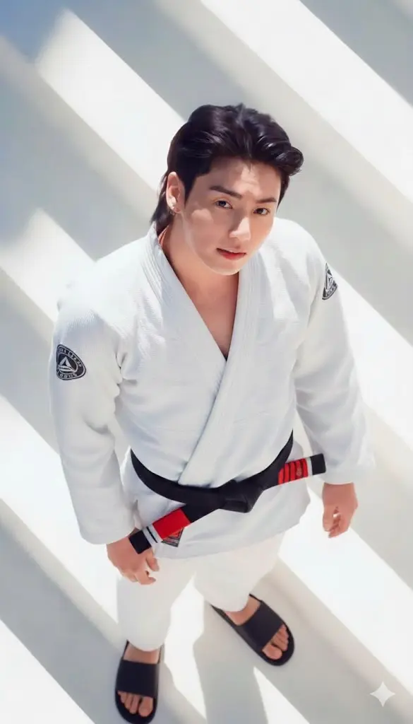 Jungkook entrenando Jiu Jitsu descalzo en un tatami con su kimono de Jiu Jitsu y Estrangula a jimin