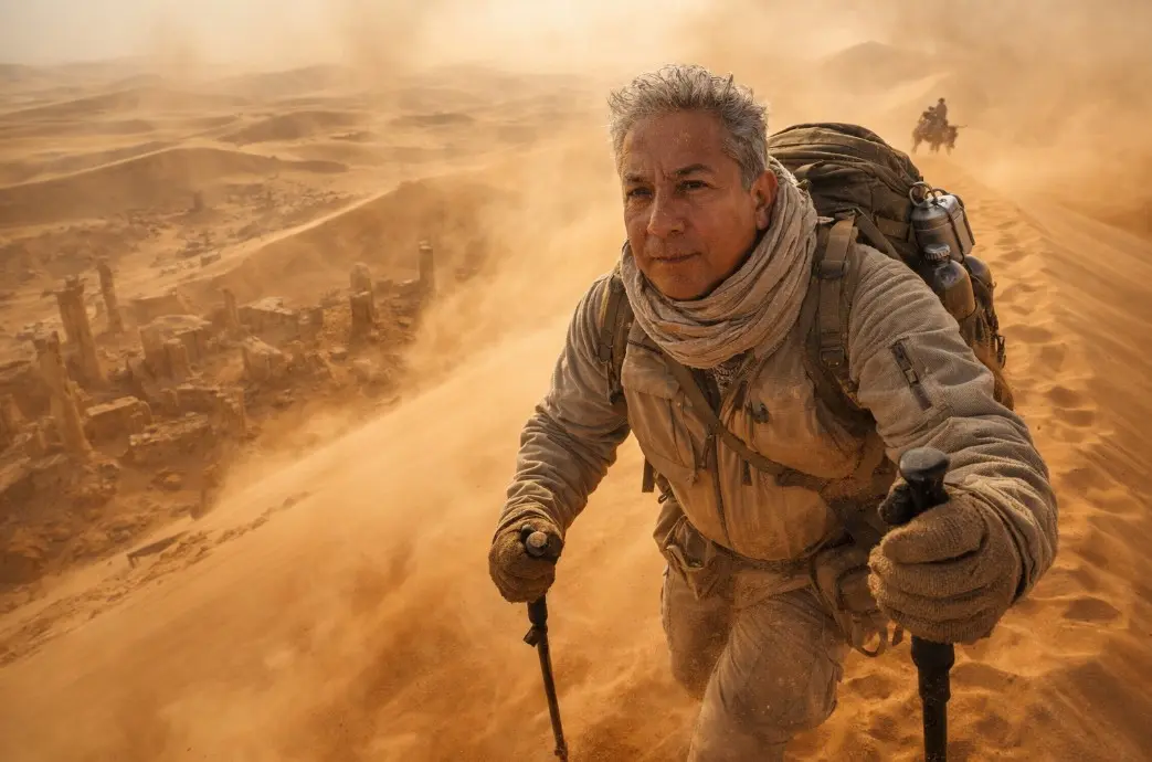 con i foto Genera una escena cinematográfica fotorrealista en ultra alta calidad 4K desde una perspectiva aérea de dron, capturando al mismo hombre de la foto de referencia con un nivel absoluto de precisión en su fisionomía real: rasgos faciales, expresión, textura de piel, proporciones corporales y volumen, perfectamente integrados en la iluminación y el entorno desértico. El sujeto avanza por el desierto del Sahara, ascendiendo una alta duna mientras un viento seco y feroz levanta nubes de arena que giran a su alrededor. Bajo sus pies y dejando atrás, se revelan entre las dunas los vestigios de una civilización perdida: pilares de piedra semienterrados, estatuas fragmentadas y muros templarios derruidos que emergen entre la arena dorada, insinuando el eco de una grandeza ancestral olvidada por el tiempo.
El hombre viste equipo de expedición desértica: chaqueta táctica ligera de tela resistente, bufanda protectora del sol alrededor del cuello, botas de desierto curtidas por el polvo, guantes, y una mochila de supervivencia de alto volumen con cantimploras metálicas, cuerdas y equipo técnico sujeto con correas. Su rostro muestra gotas de sudor mezcladas con partículas de arena adheridas a la piel y a los lentes; los cabellos se mueven con el viento, mientras el calor del terreno hace ondular el aire con un leve efecto de reverberación
térmica. Una de sus manos sostiene firmemente un bastón de trekking al empujar con esfuerzo la pendiente.
A lo lejos, un guía local montado en un camello cargado con provisiones observa la escena, mientras el horizonte se pierde entre una bruma luminosa de polvo suspendido y calor. La luz del sol cae con alto contraste, proyectando sombras largas y dramáticas sobre las ondulaciones de la duna. El color de la arena vibra entre tonos dorados, ocres y anaranjados, con brillos especulares controlados y reflejos realistas sobre superficies de tela, metal y vidrio.
La composición debe incluir ligeras motas de polvo en suspensión, micro rayones perceptibles solo en planos cercanos, y sutiles irregularidades en los reflejos para reforzar el realismo físico del entorno. La textura de la piel debe mostrar poros, matices naturales e imperfecciones mínimas sin suavizado artificial ni indicios digitales. La iluminación debe comportarse conforme a leyes físicas reales, con profundidad óptica auténtica, color cinematográfico y etalonaje tipo película IMAX, evocando una atmósfera épica de exploración y aventura con estética de documental de gran formato.
El resultado final debe ser indistinguible de una fotografía real, con un tratamiento visual que combine dramatismo, escala monumental y precisión técnica, transmitiendo la sensación de una escena vivida y capturada en el instante exacto de su máxima tensión visual.