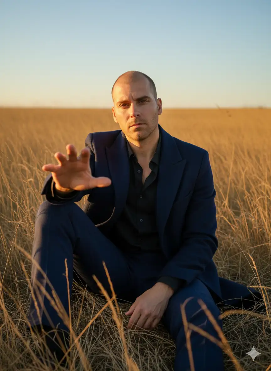 Retrato cinematográfico ultra-realista vertical (9:16), resolución fotorrealista 8K, texturas hiperdetalladas, enfoque extremadamente agudo, iluminación cinematográfica dramática de la hora dorada, clasificación de color melancólica y natural. El sujeto masculino de la primera imagen se utiliza como personaje principal. Está sentado a nivel del ángulo del ojo.
El sujeto es un joven guapo, de ×185 cm de altura. Tiene una expresión calmada e introspectiva. Lleva puesto el traje: un abrigo largo y afilado azul marino, una simple camisa negra abotonada (desabrochada en la parte superior) y pantalones azul marino a medida.
Está sentado con gracia en medio de un vasto campo de hierba dorada alta y seca, que está bellamente iluminada por el sol poniente. El fondo consiste en un cielo claro y azul pálido en la parte superior, que pasa a un horizonte cálido y amarillento.
La luz es suave, la luz del sol dorada golpea el sujeto desde arriba, creando un hermoso resplandor en su rostro y hombros, y proyectando largas y sutiles sombras. La atmósfera es tranquila, contemplativa y cinematográfica, como una foto de una película independiente.
Grabado en un Sony Alpha 7 IV con una lente Sony FE 50mm f/1.2 GM, ISO 160, f/2.0, 1/400s, fotografía de luz natural, retrato emocional.
Está sentado con una pierna doblada un poco más arriba, su mano derecha mira a la derecha alcanzando la cámara, dando una mirada fría y compuesta directamente en la cámara. (Hacer que el sujeto se acerque a la cámara como casi llegando a la cámara). Físicamente es delgado, no cambies su rostro, manten sus rasgos y expresiones